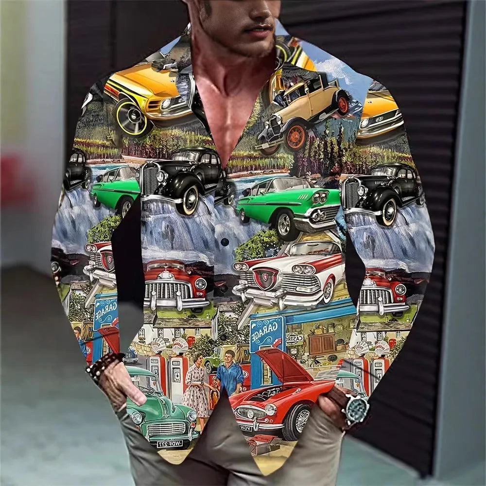 Hawaiian style men's long sleeve shirt with flower pattern and loose cardigan fit in polyester