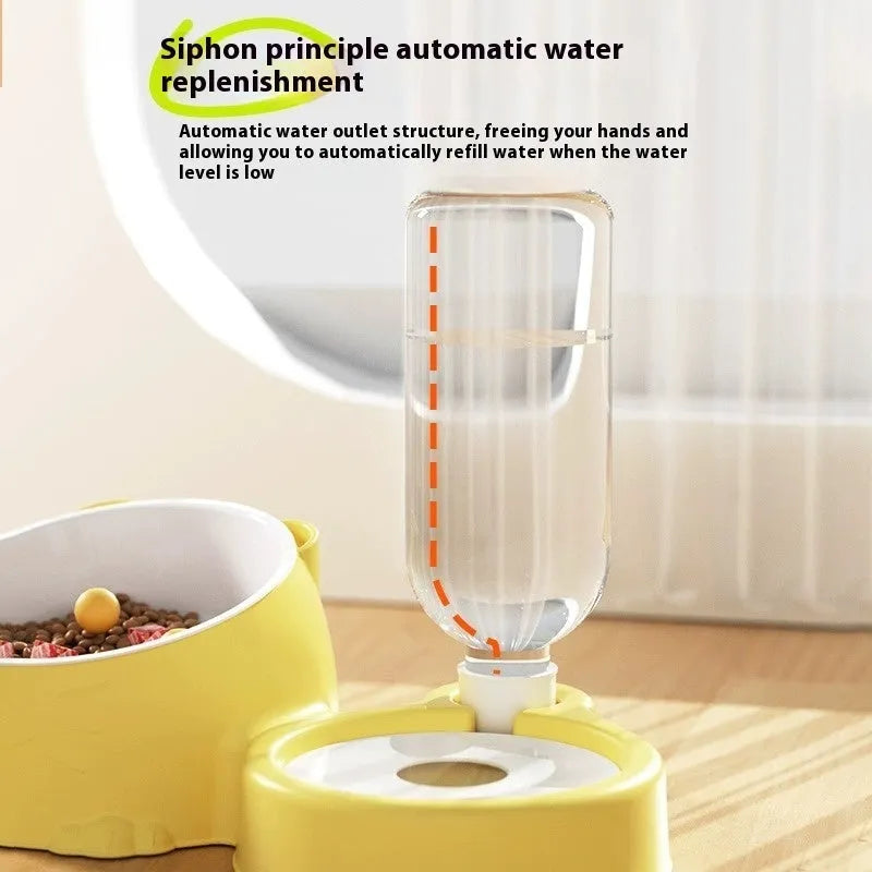 Double bowl automatic cat drinking fountain with stainless steel inserts and ceramic base in haze blue colour