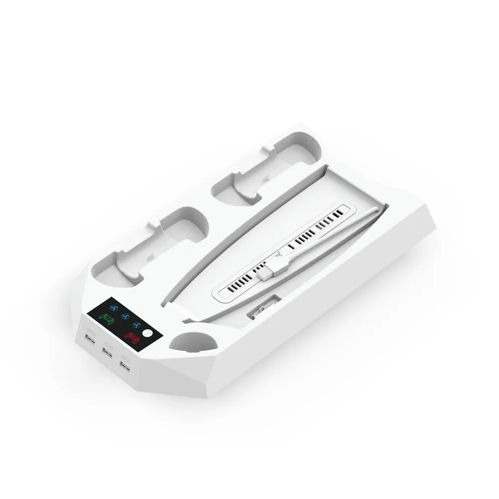 PS5 charging base radiator in white with two controller charging ports and cooling function