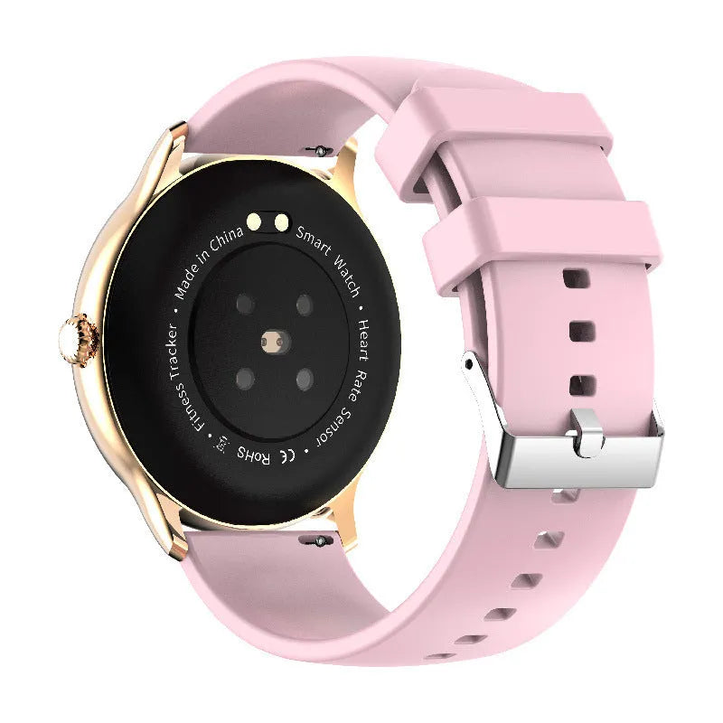 Smart health watch with circular black face and silicone wristband showing blood pressure monitoring display