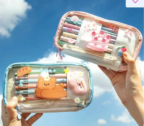Transparent Japanese pen bag with rabbit design in pink cake or red love colour options