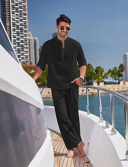 Men's casual cotton trousers suit set in solid colour with long sleeve top
