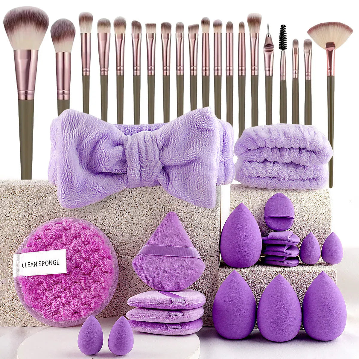 Beauty tools combination set with hydrophilic non-latex face wash and makeup tools in brown, pink, and purple colours