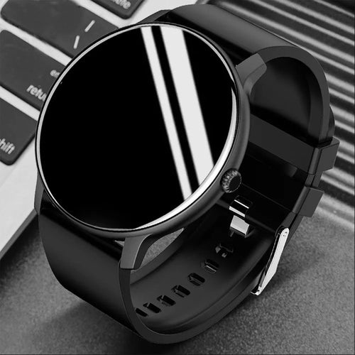 Smart health watch with circular black face and silicone wristband showing blood pressure monitoring display