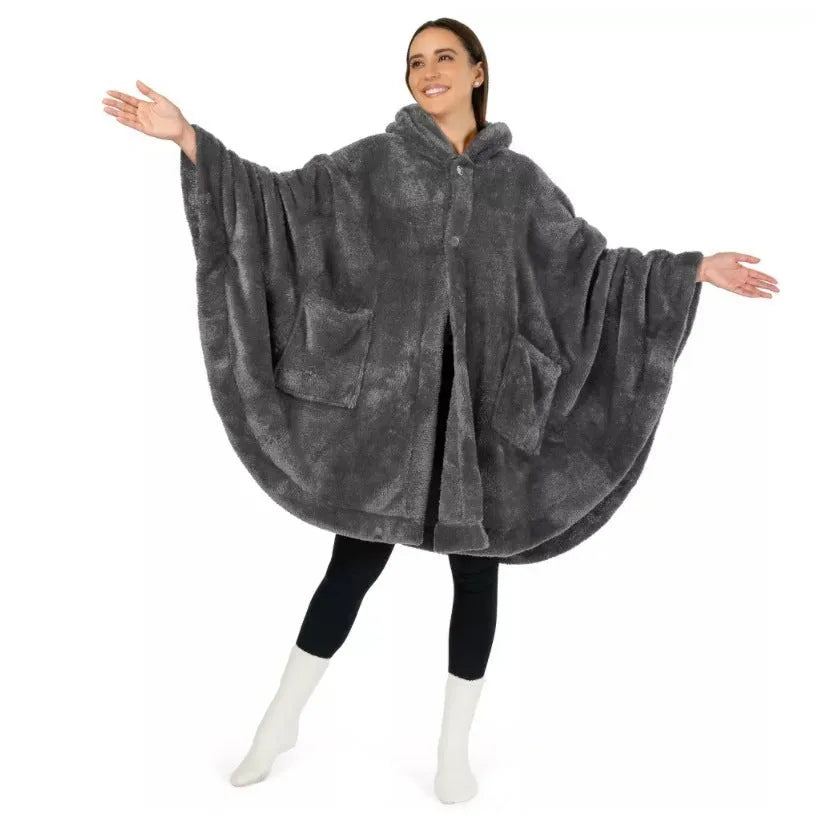 Thick hooded polyester bathrobe in black, dark grey, or pink, shown as a long-sleeve cardigan.