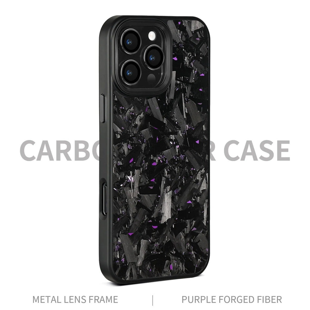 Black carbon fibre magnetic protective phone case with metal forged pattern frame for iPhone 17 series.