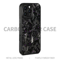 Black carbon fibre magnetic protective phone case with metal forged pattern frame for iPhone 17 series.