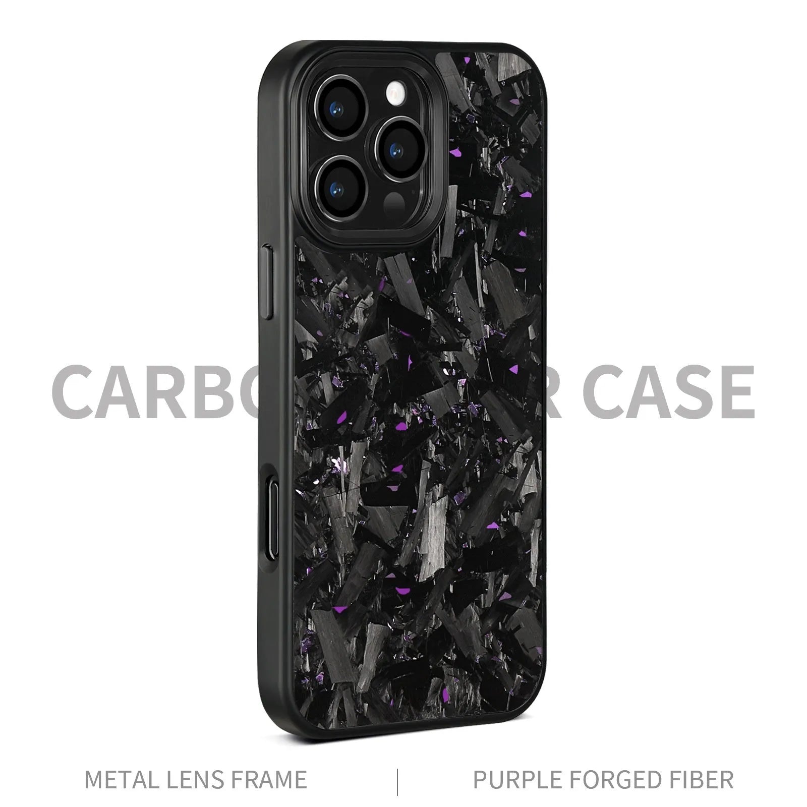 Black carbon fibre magnetic protective phone case with metal forged pattern frame for iPhone 17 series.