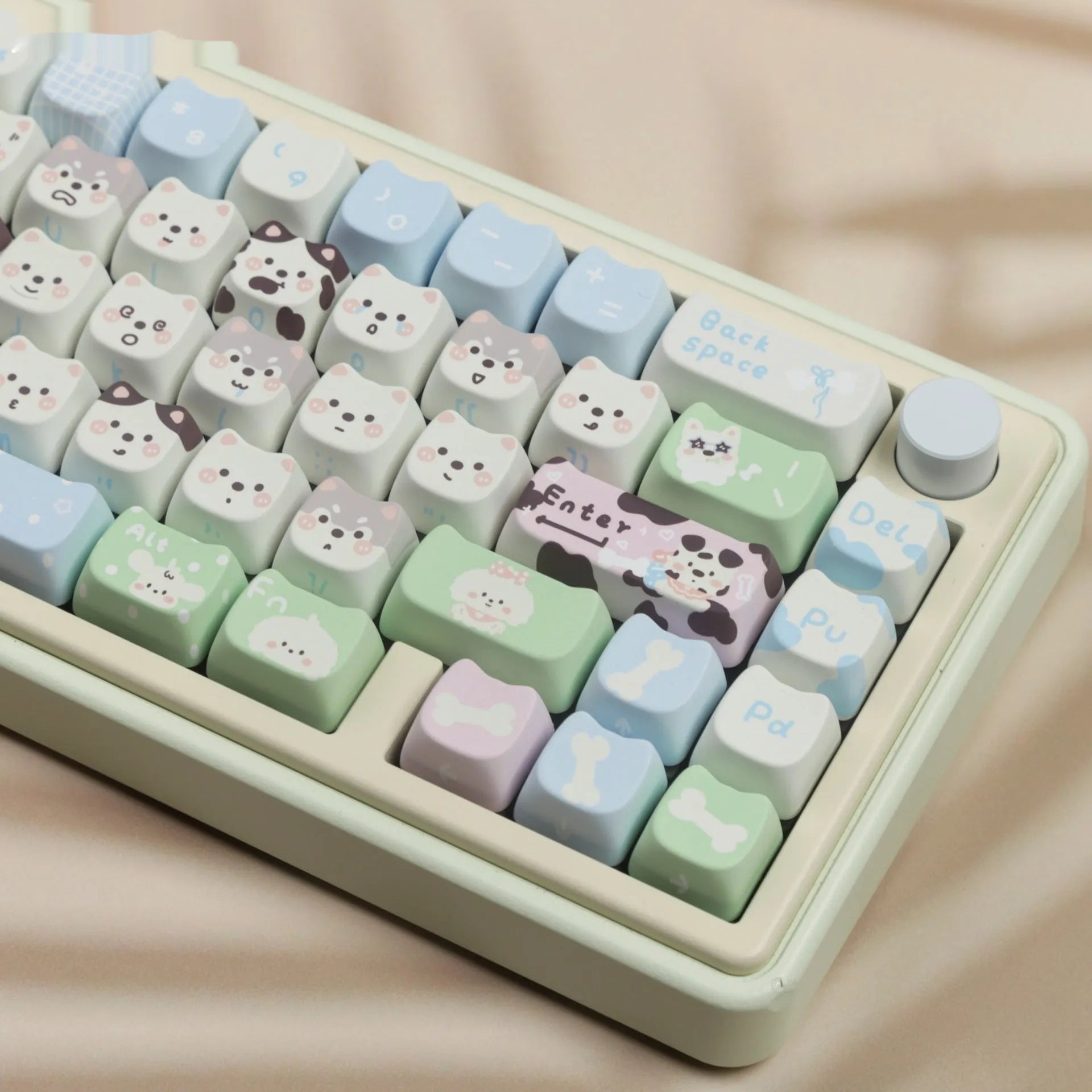 Colourful cat and puppy themed PBT key cap set for mechanical keyboards with cartoon animal artwork