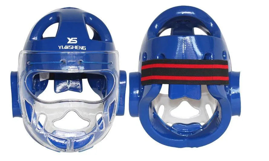 White, blue, and red karate boxing helmets for head protection in four sizes