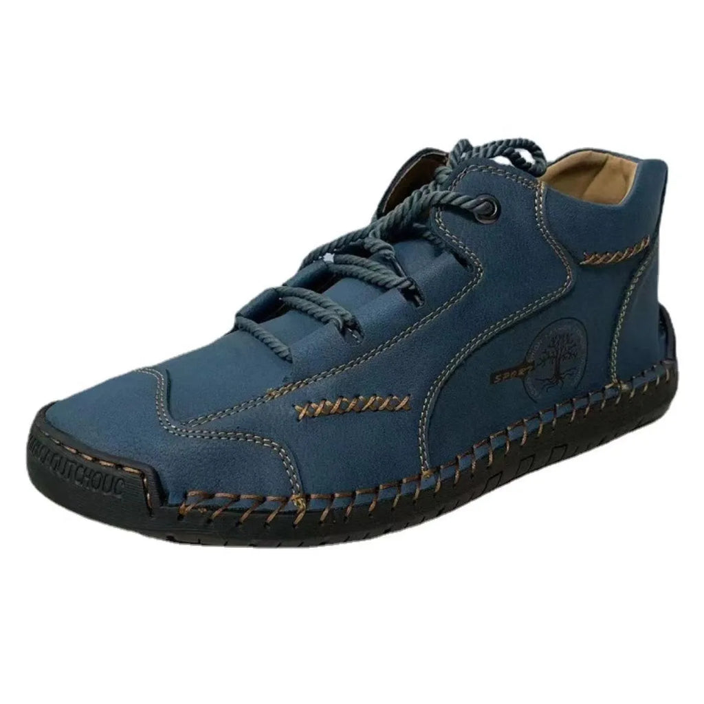 Men's high-top cowhide leather casual work boots round toe flat heel front lace-up solid colour