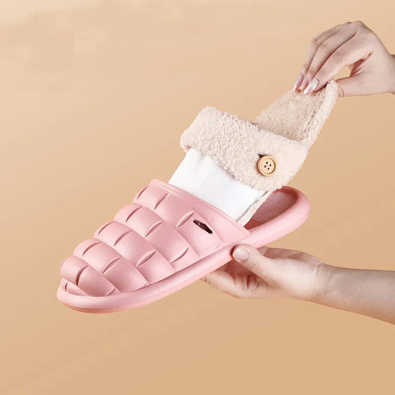 Plaid detachable slippers showing EVA construction and plush lining in pink, green, yellow, white, grey, or black.