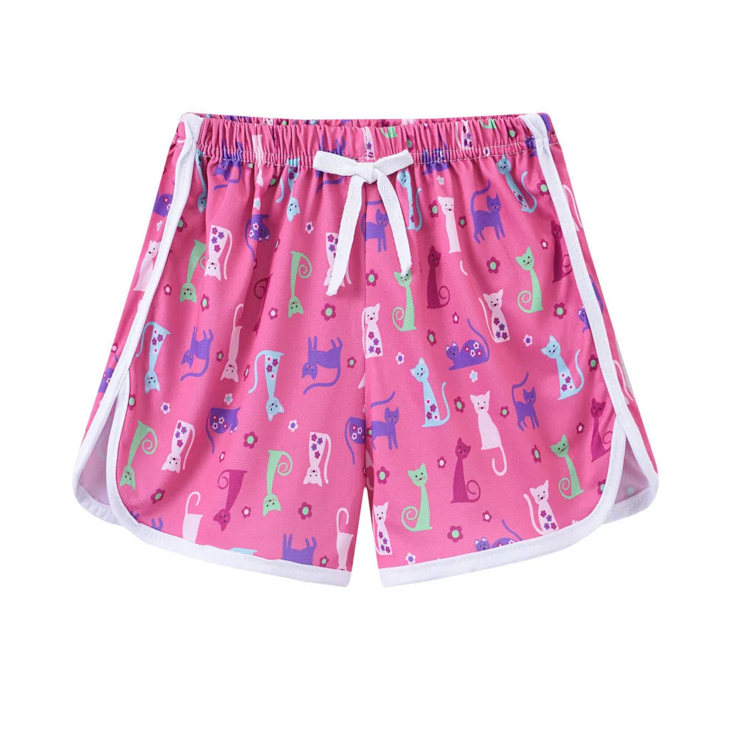 Children's casual polyester shorts in multiple colours including pink, leopard print and striped patterns