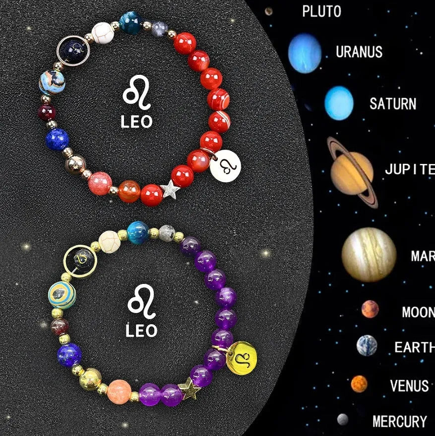 Two natural stone beaded bracelets for zodiac signs on a neutral background.