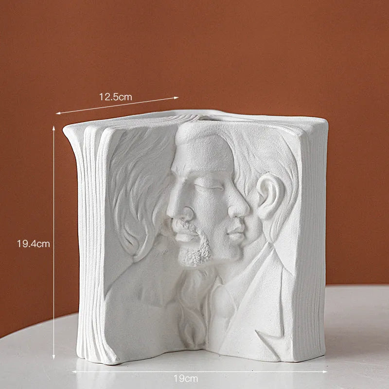 Glazed ceramic book stand ornament in a modern style on a desktop, shown in one of four design options.