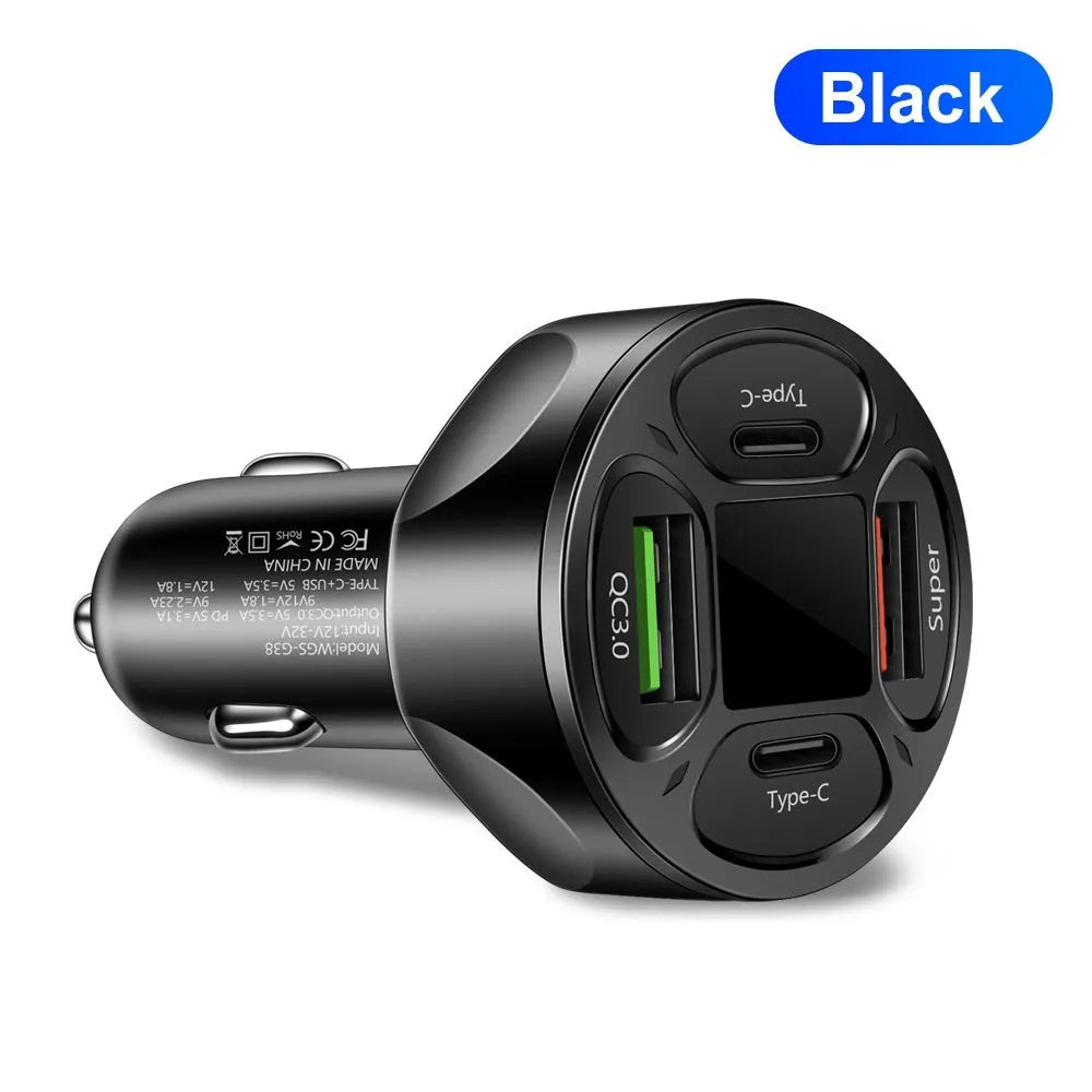 Black car charger with digital display showing charging voltage and current readings