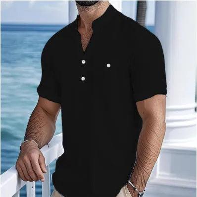 Men's linen blend stand collar short sleeve shirt in loose fit t-shirt style