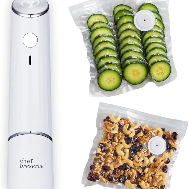 White USB electric vacuum pump with five 26x28cm plastic storage bags featuring zip-lock seals