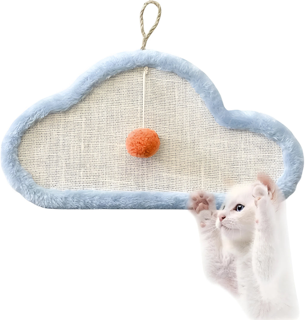 White cat scratching mat with sleeping cat cartoon design, made from natural sisal fibre.