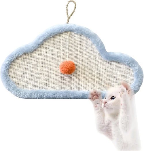 White cat scratching mat with sleeping cat cartoon design, made from natural sisal fibre.