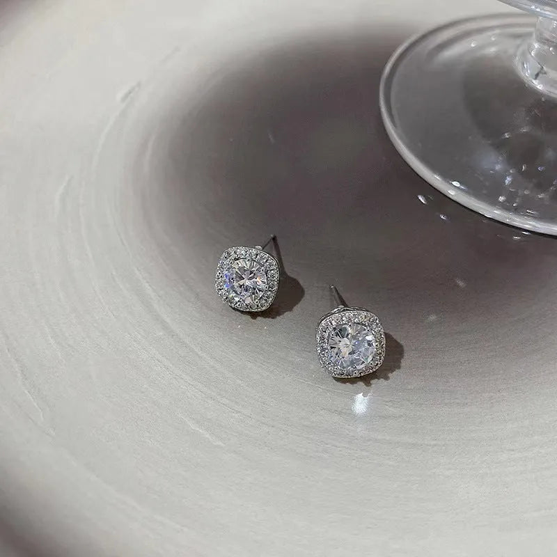 Square geometric stud earrings with diamond treatment in silver and gold colour options