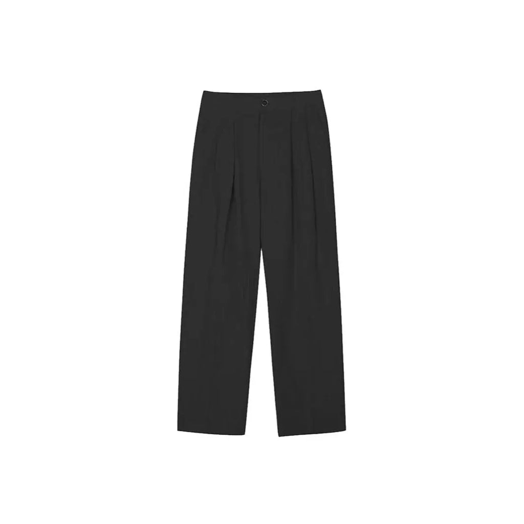 Men's lightweight apricot coloured wide-leg cotton linen trousers with a pencil leg opening on a hanger
