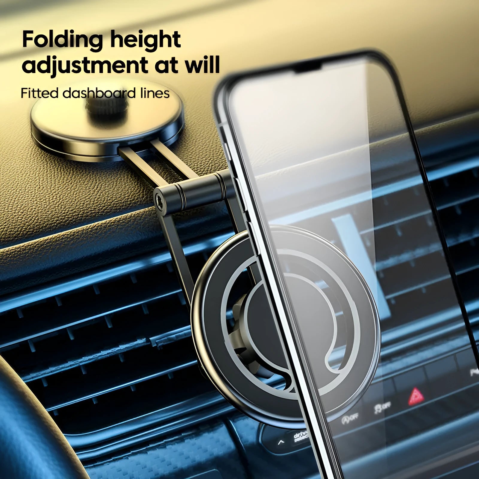 Telescopic folding car phone holder with magnetic suction dashboard mount in black or silver finish