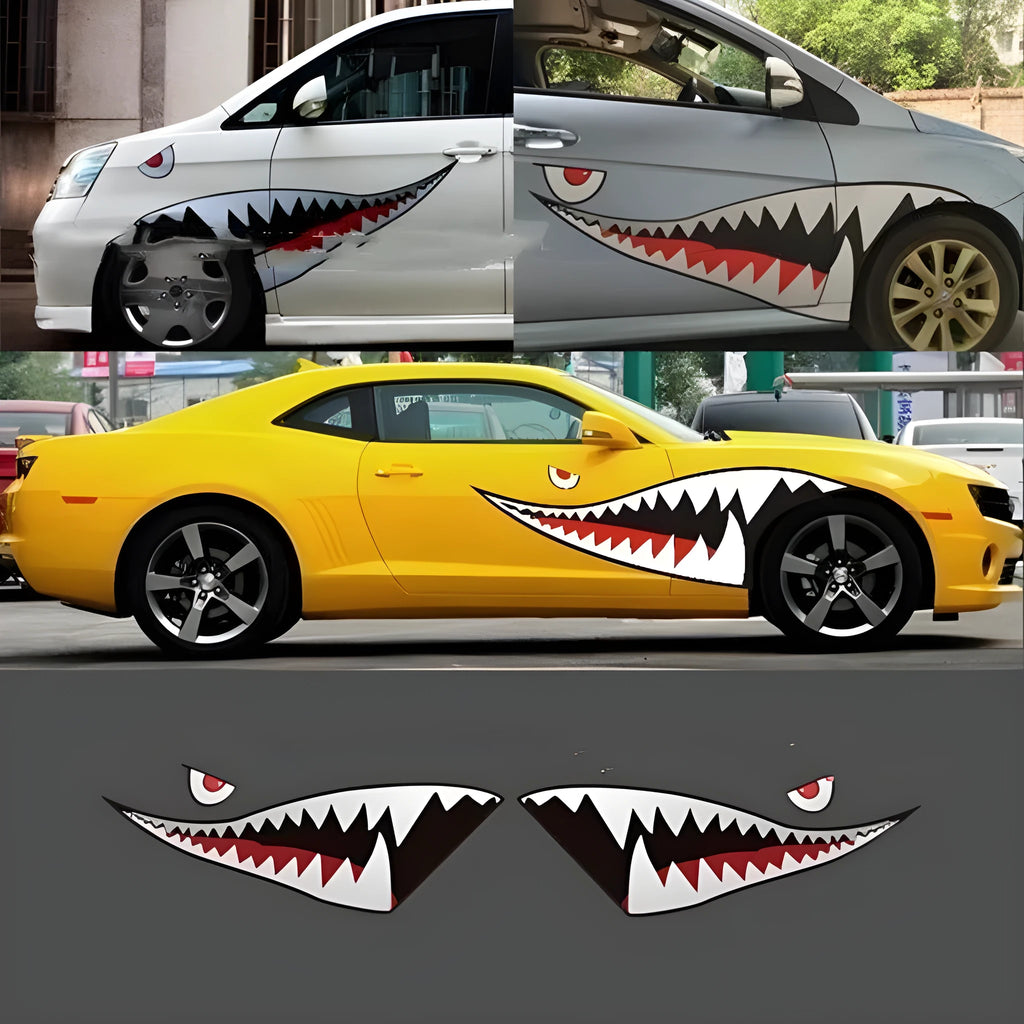 Shark design PVC body stickers for outdoor vehicle application in two size models