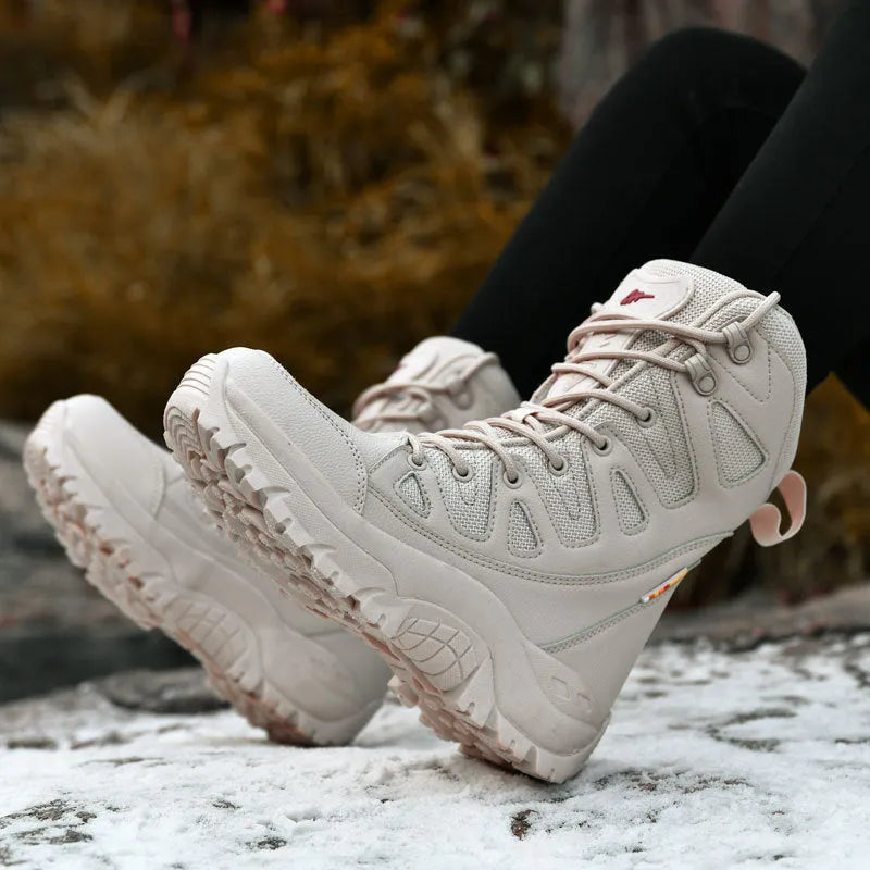 Cowhide leather hi-top hiking shoes in beige, black, and brown colours with platform soles