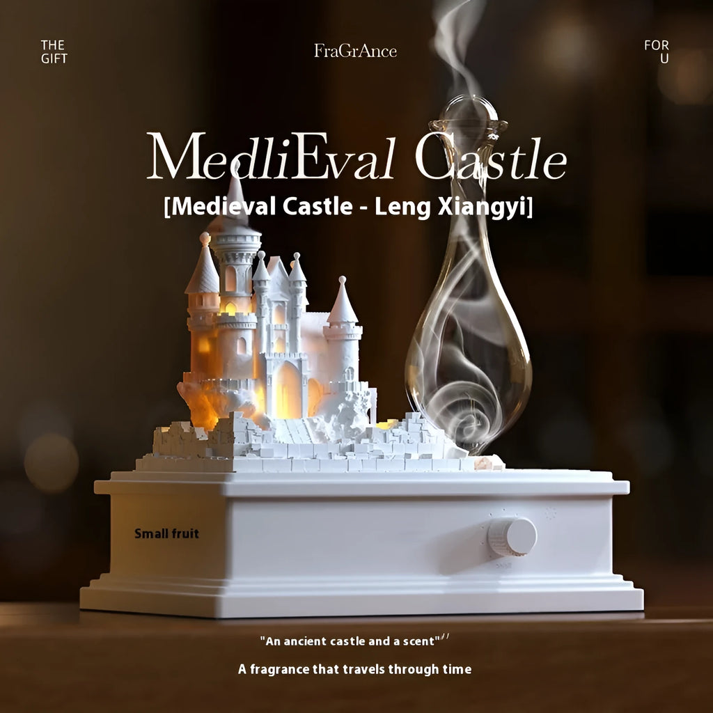 White medieval castle aromatherapy machine with ambient light and USB charging cable