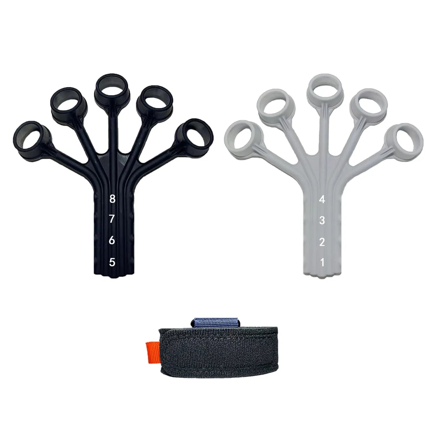 Black and grey silicone finger rehabilitation trainer with adjustable tension belts