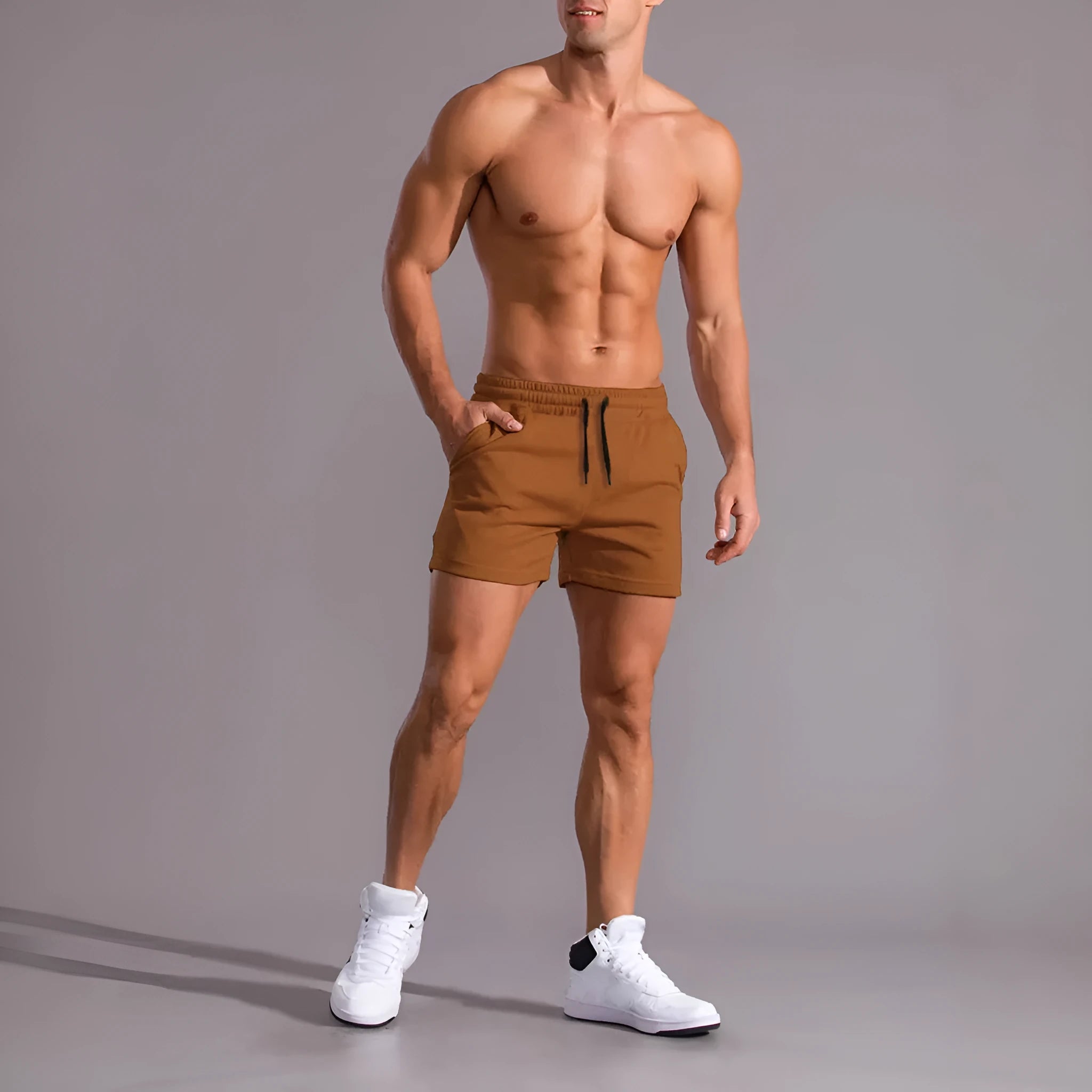 Men's 3-piece drawstring shorts set in black, khaki, and light brown colours showing loose fit design