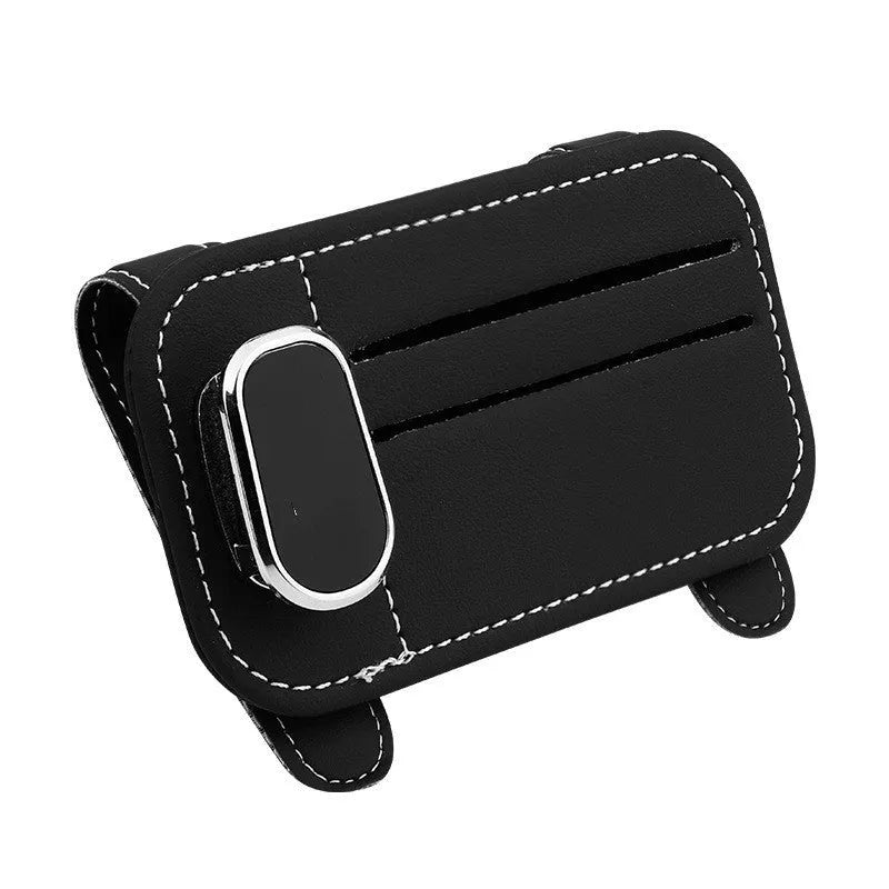 Cowhide leather car sun visor card holder with glasses clip in choice of five colours.