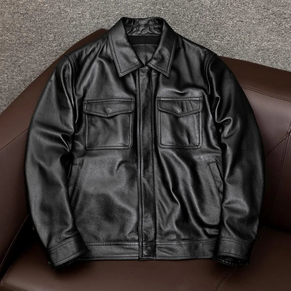 Men's black retro-style PU leather jacket with side pockets shown on a model, plus size loose fit.