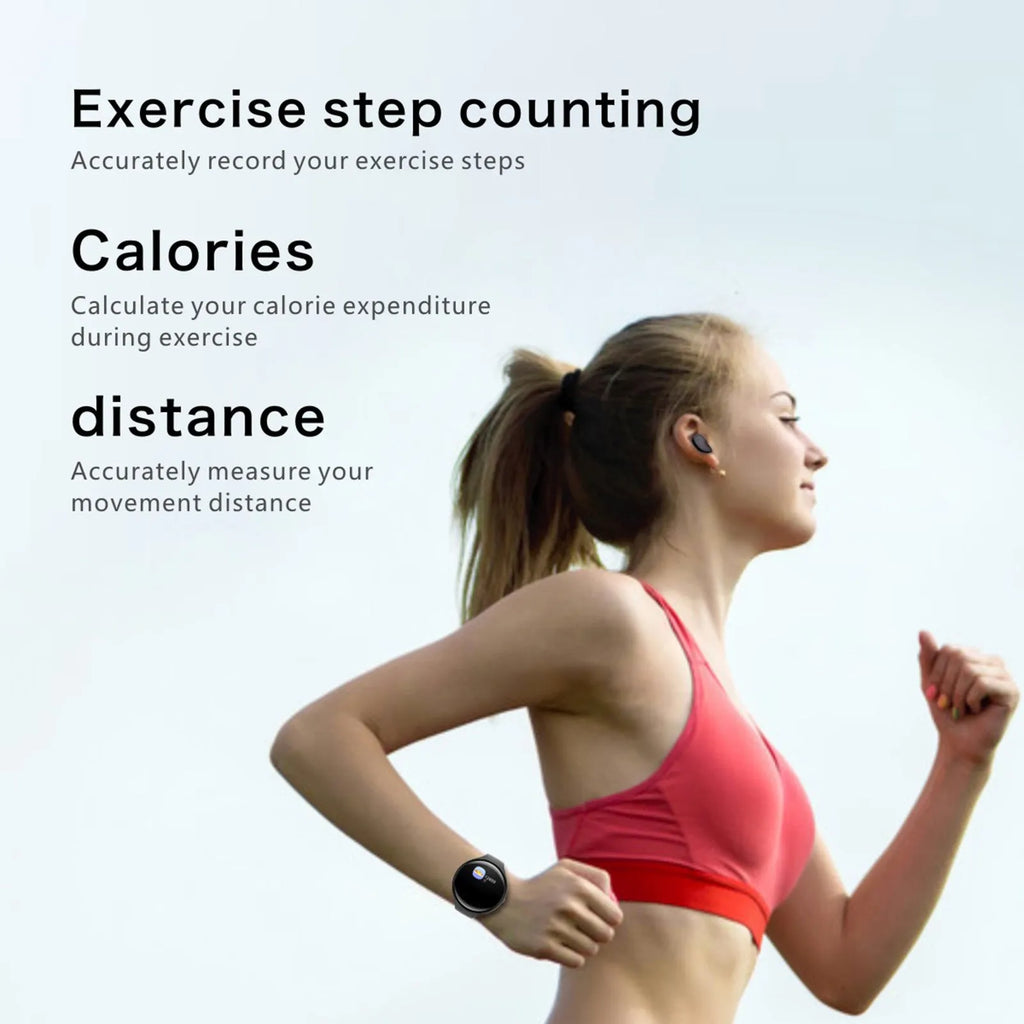 Black detachable smart bracelet with Bluetooth TWS earphones showing colour screen displaying heart rate