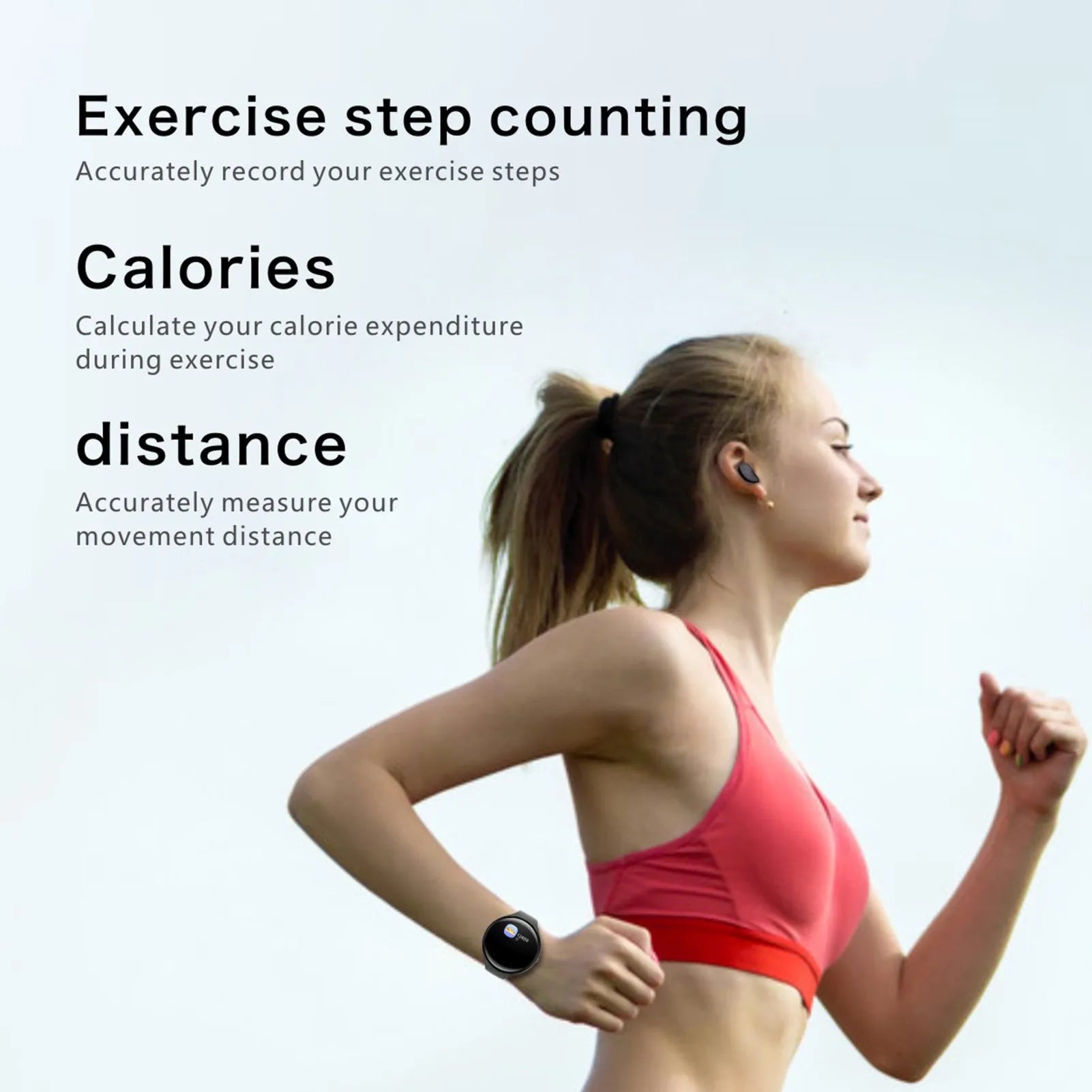 Black detachable smart bracelet with Bluetooth TWS earphones showing colour screen displaying heart rate