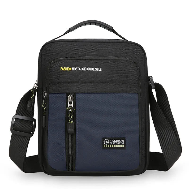 Men's casual nylon crossbody messenger bag in green, gray, black or blue with sewing thread detail