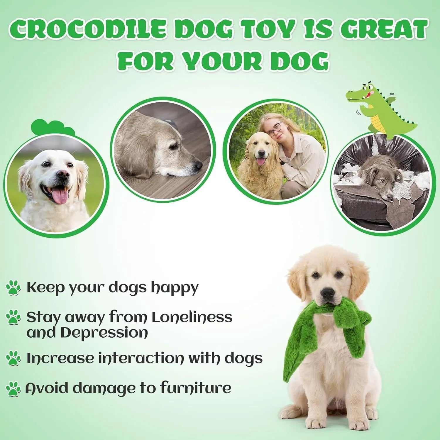 Green plush crocodile dog toy with no stuffing, for aggressive chewers.