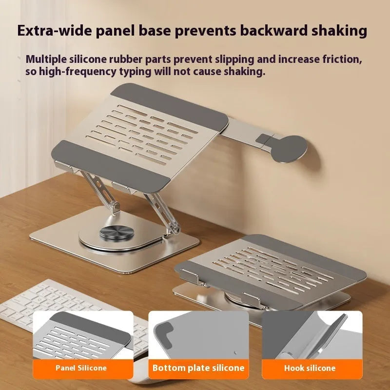 Silver carbon steel laptop stand with side-mounted magnetic phone holder rotated at angle