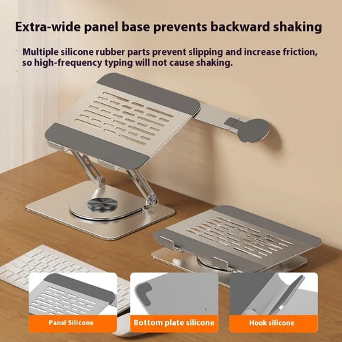 Silver carbon steel laptop stand with side-mounted magnetic phone holder rotated at angle
