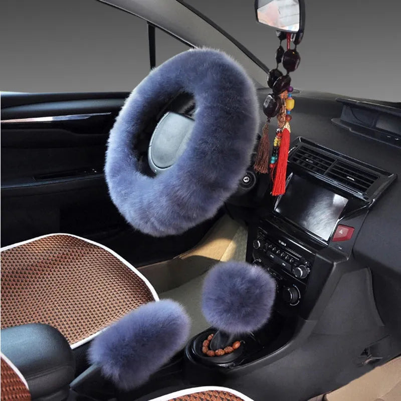 Wool and cashmere blend steering wheel cover and two matching handle covers set for 38cm diameter wheels.