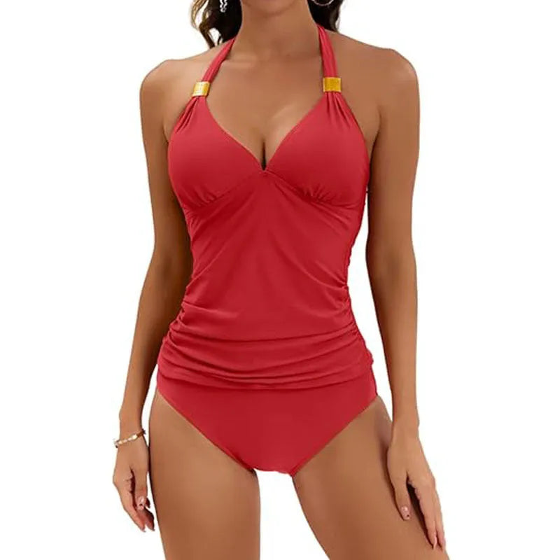 Women's solid colour halter top two-piece swimsuit with split tie and briefs in milk silk polyester