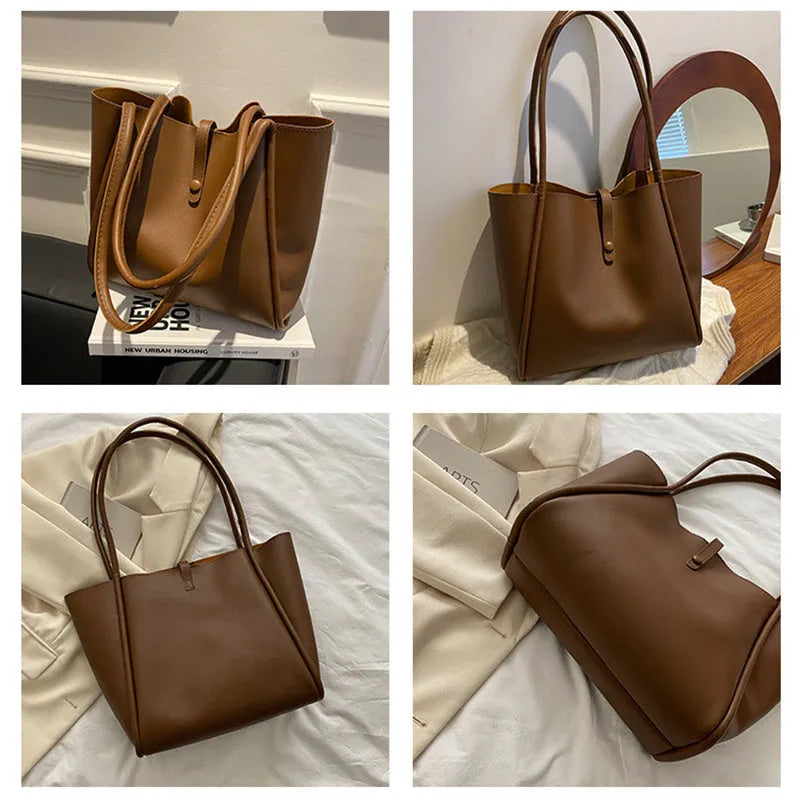 Casual large capacity solid colour PU tote bag for women with matching wallet on shoulder