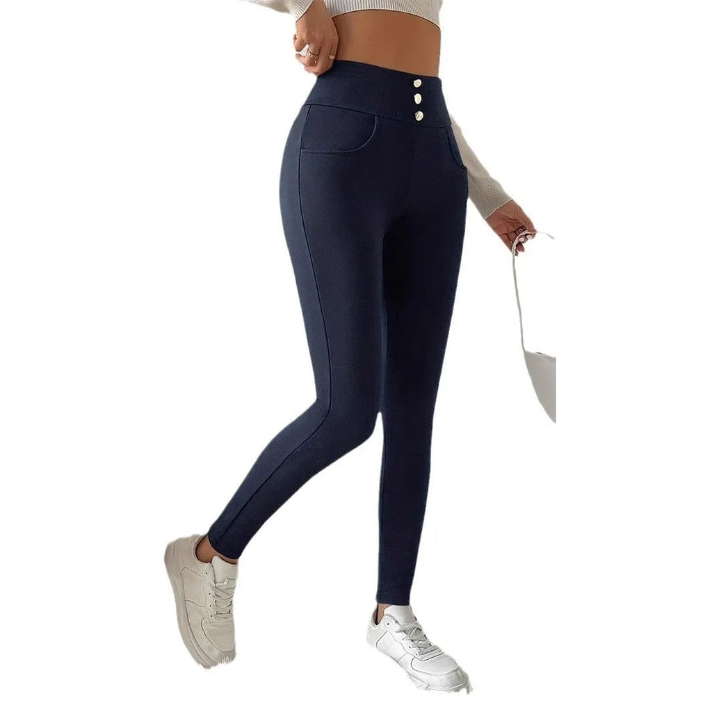 Women's navy blue high-waist slim-fit casual trousers with straight leg