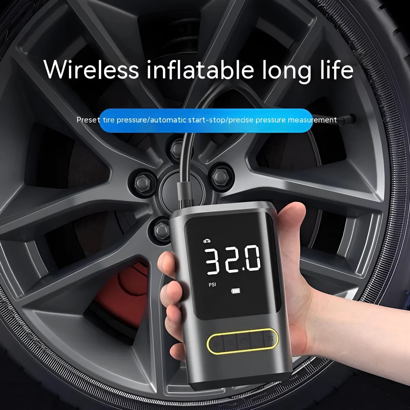 Handheld wireless digital display vehicle air pump with LED light showing pressure reading