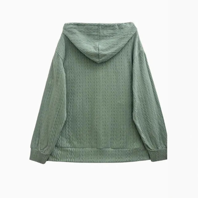 Green women's hooded zip-front sweater jacket in loose Japanese Korean casual style