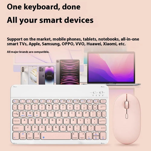 Bluetooth keyboard and rechargeable mouse set in elegant white, green, or pink for tablet and PC use