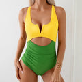 Women's colour block one-piece swimsuit in nylon fabric showing contrast colour design