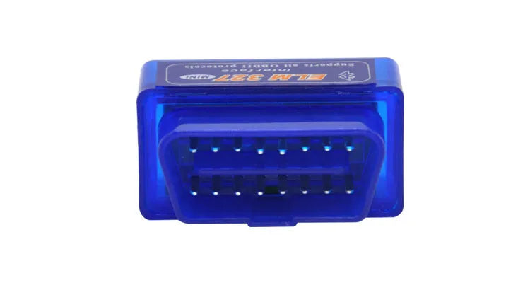 ELM327 Mini V2.1 Bluetooth OBD2 car diagnostic scanner and fault code reader on a dark background.
