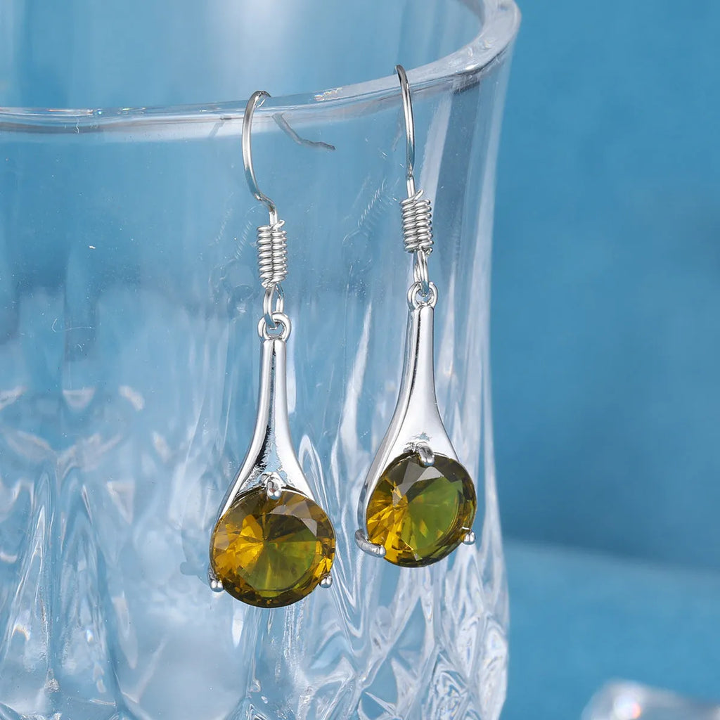 Olive green topaz water drop shaped alloy earrings with electroplated finish